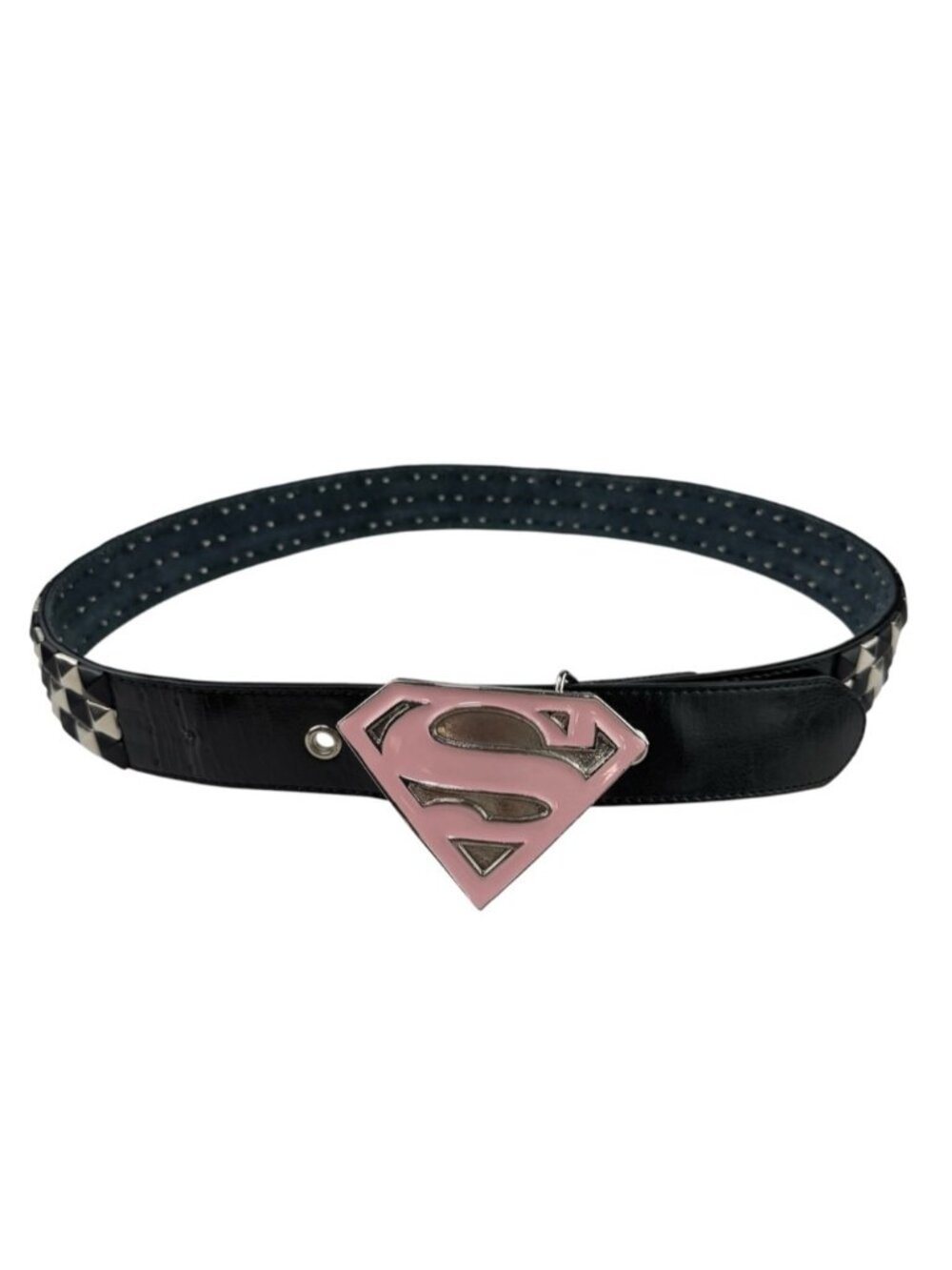 Studded Leather Belt with Pink Superman Buckle Size Medium Y2K - Picture 2 of 10